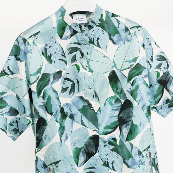 Akris Punto "Bleached Denim" Tropical Leaves-Print Cotton Poplin Shift Dress - Picture 4 of 12